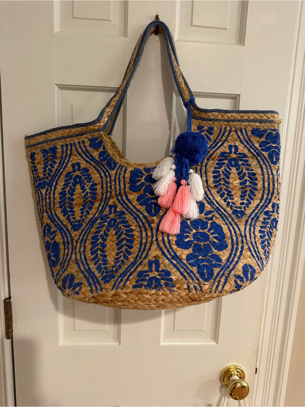 Shiraleah Blue Embroidered Straw Tote with Tassel Charm